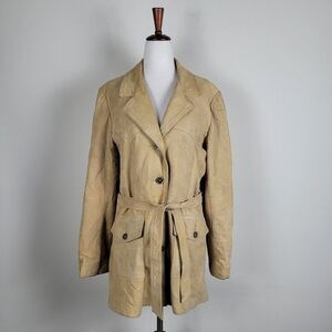 Leathers By New England Jacket Womens Large Tan Nubuck Leather Belted Trench VTG